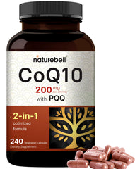 Front view of NatureBell CoQ10 200mg with PQQ bottle and 240 veggie capsules