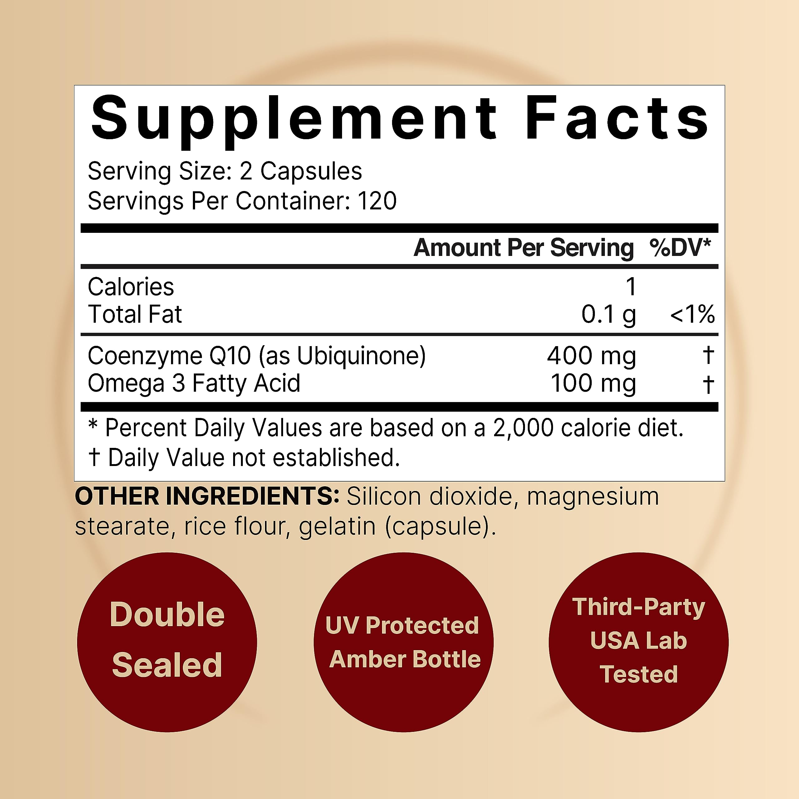 Close-up of NatureBell CoQ10 400mg Omega-3 capsules