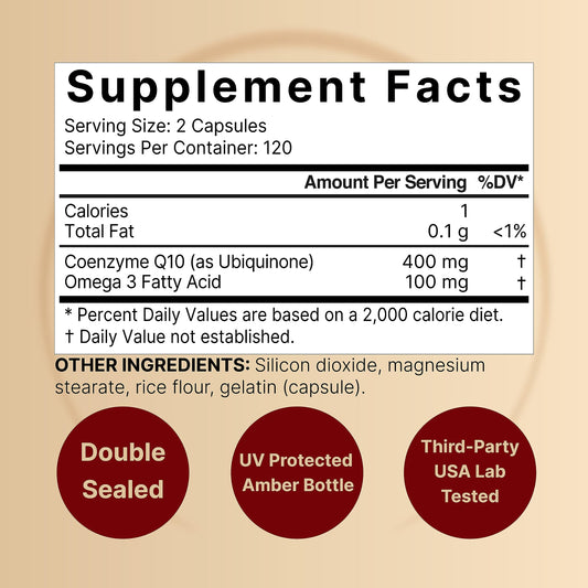 Close-up of NatureBell CoQ10 400mg Omega-3 capsules