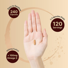 Hands holding NatureBell CoQ10 Omega-3 bottle