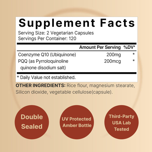 Close-up highlighting CoQ10 and PQQ for heart health and wellness