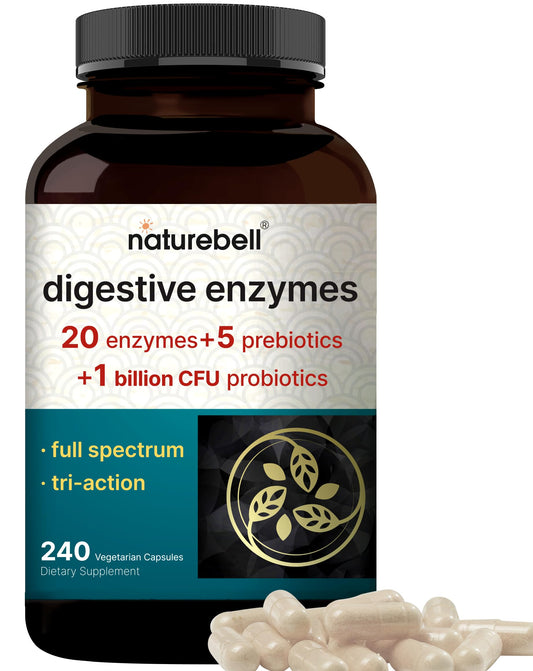 Front view of NatureBell Digestive Enzymes bottle with 240 veggie capsules