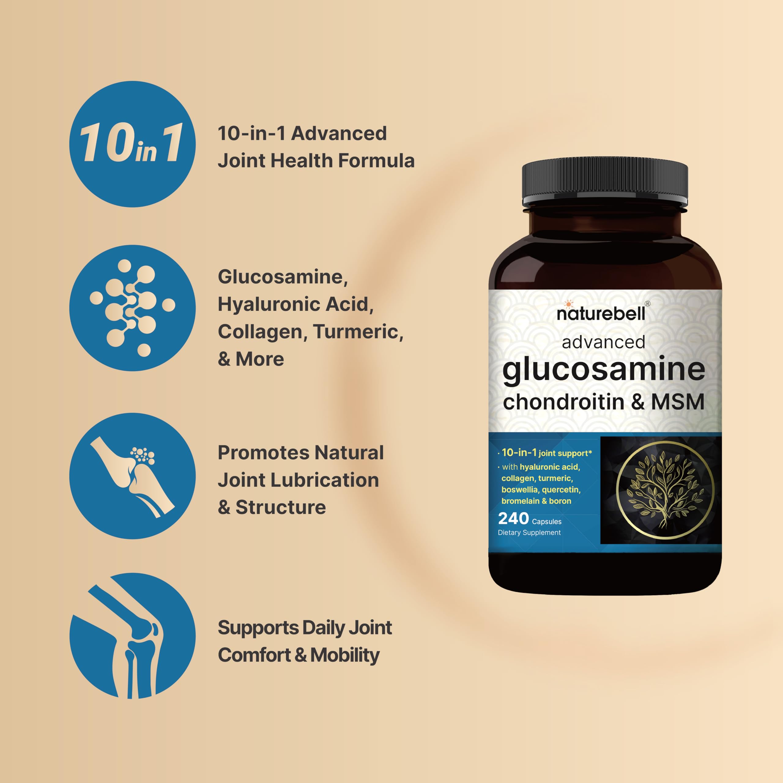 Close-up of NatureBell glucosamine, chondroitin and MSM capsules