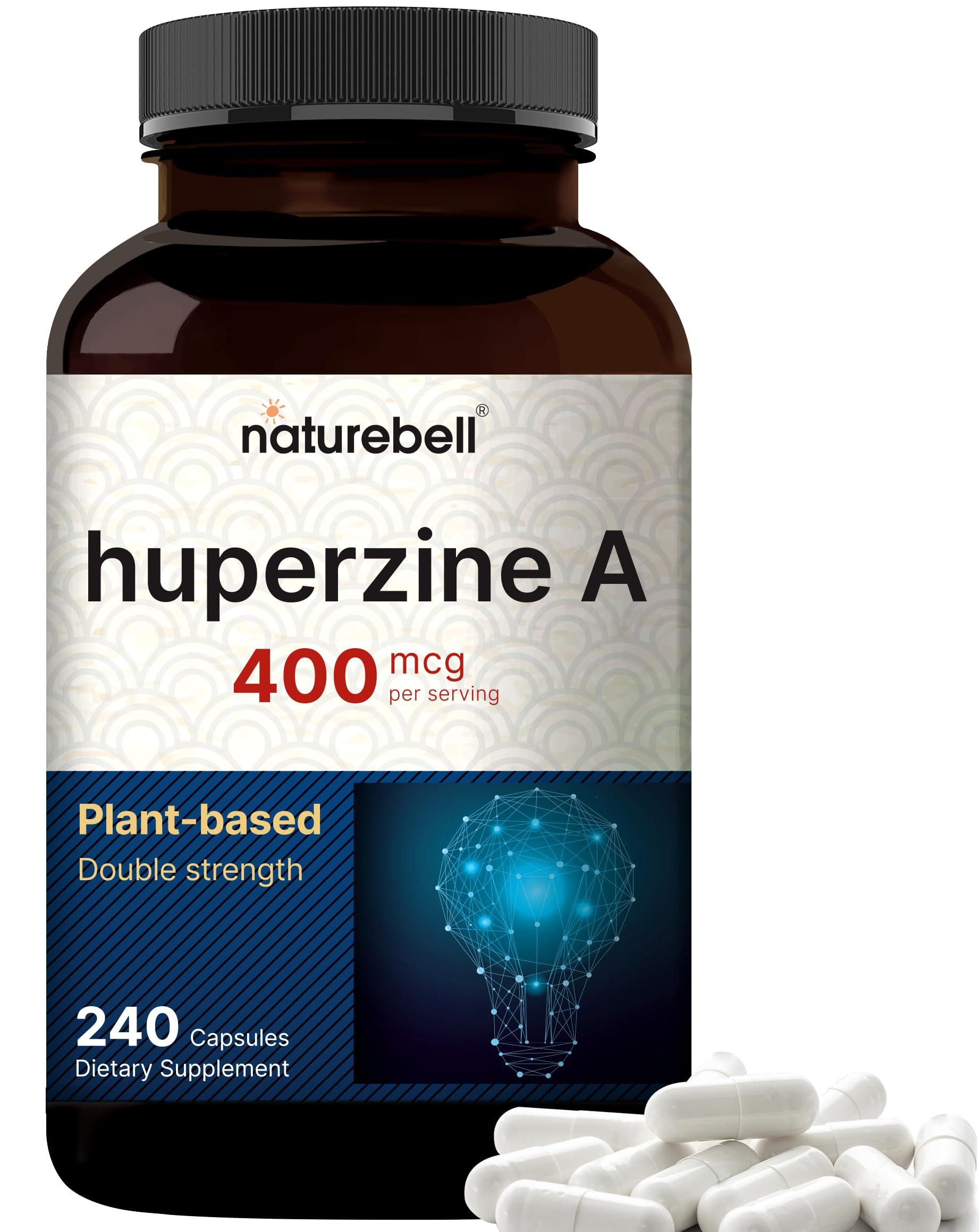 NatureBell Huperzine A bottle and capsules displayed on a neutral background