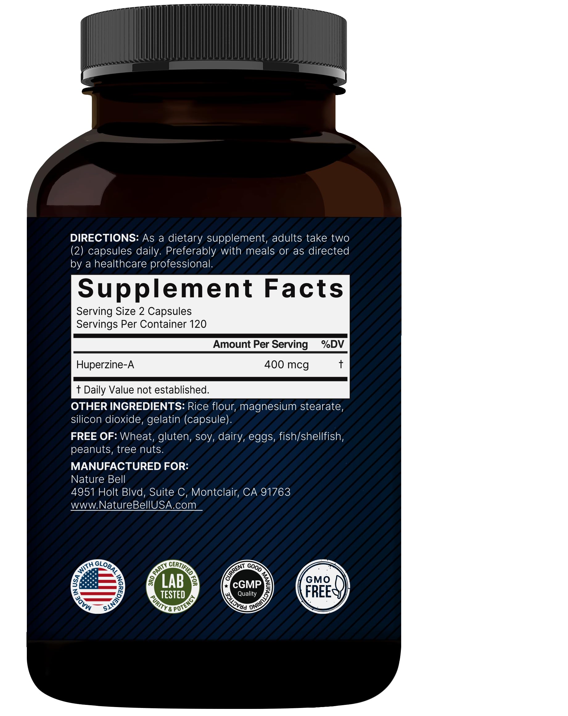 Close-up of NatureBell Huperzine A 400mcg per serving bottle
