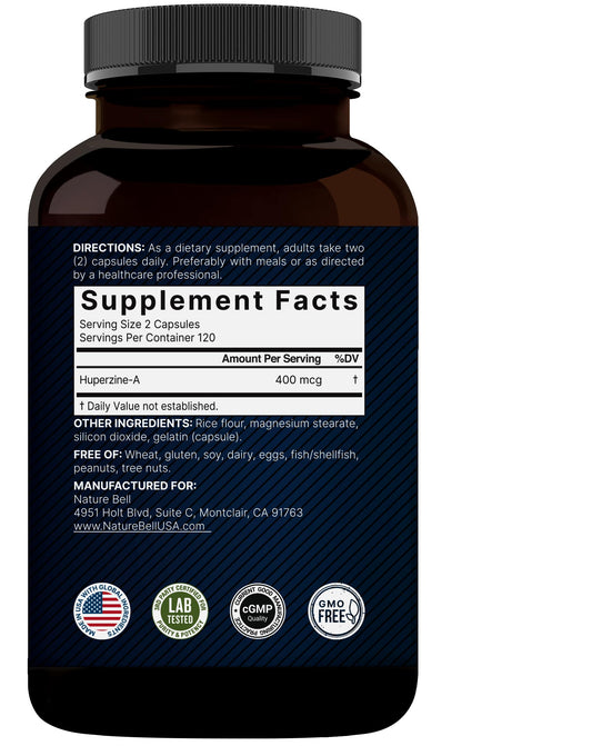 Close-up of NatureBell Huperzine A 400mcg per serving bottle