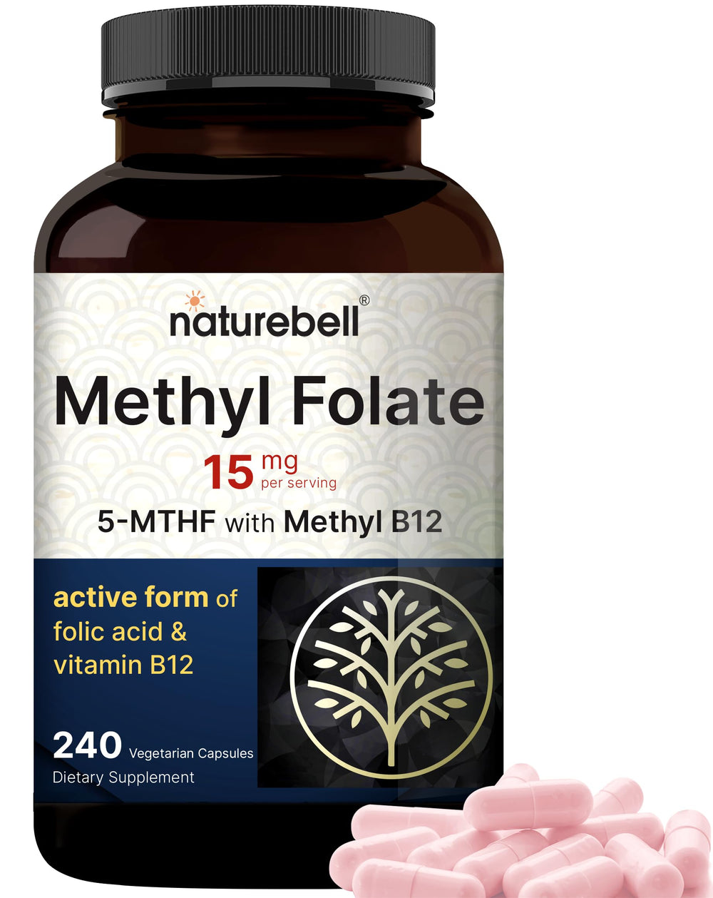 NatureBell L-Methylfolate 15mg bottle - front view with 240 veggie capsules
