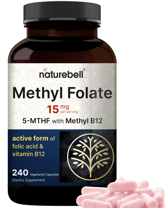 NatureBell L-Methylfolate 15mg bottle - front view with 240 veggie capsules