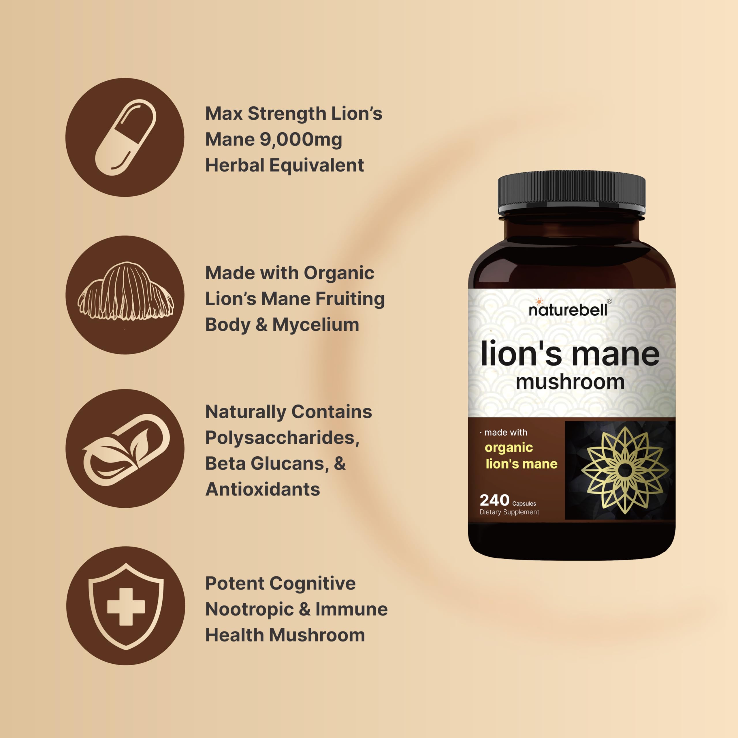 Label graphic showing Organic Lion's Mane ingredients
