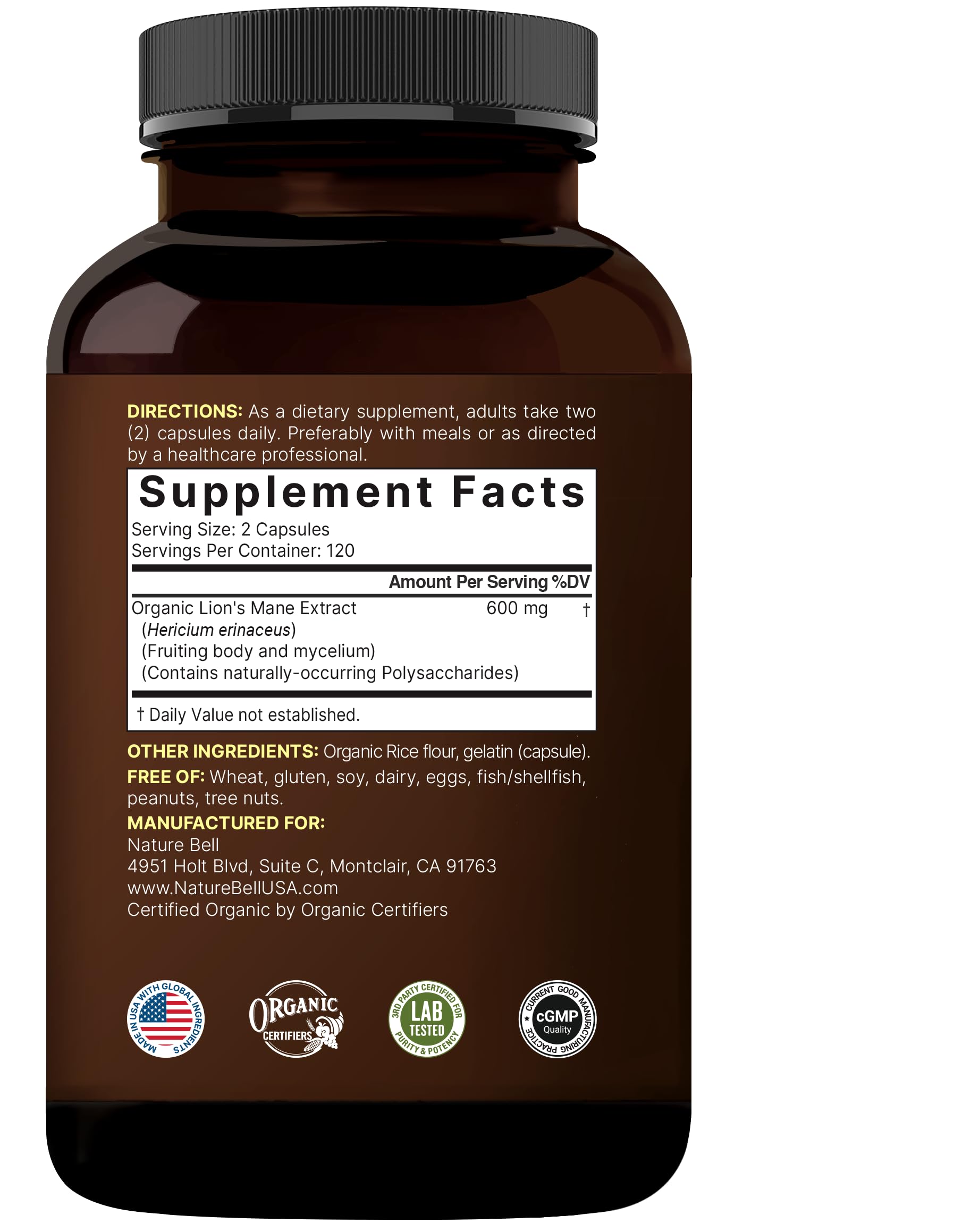 Third-party lab test certificate for NatureBell Lion's Mane