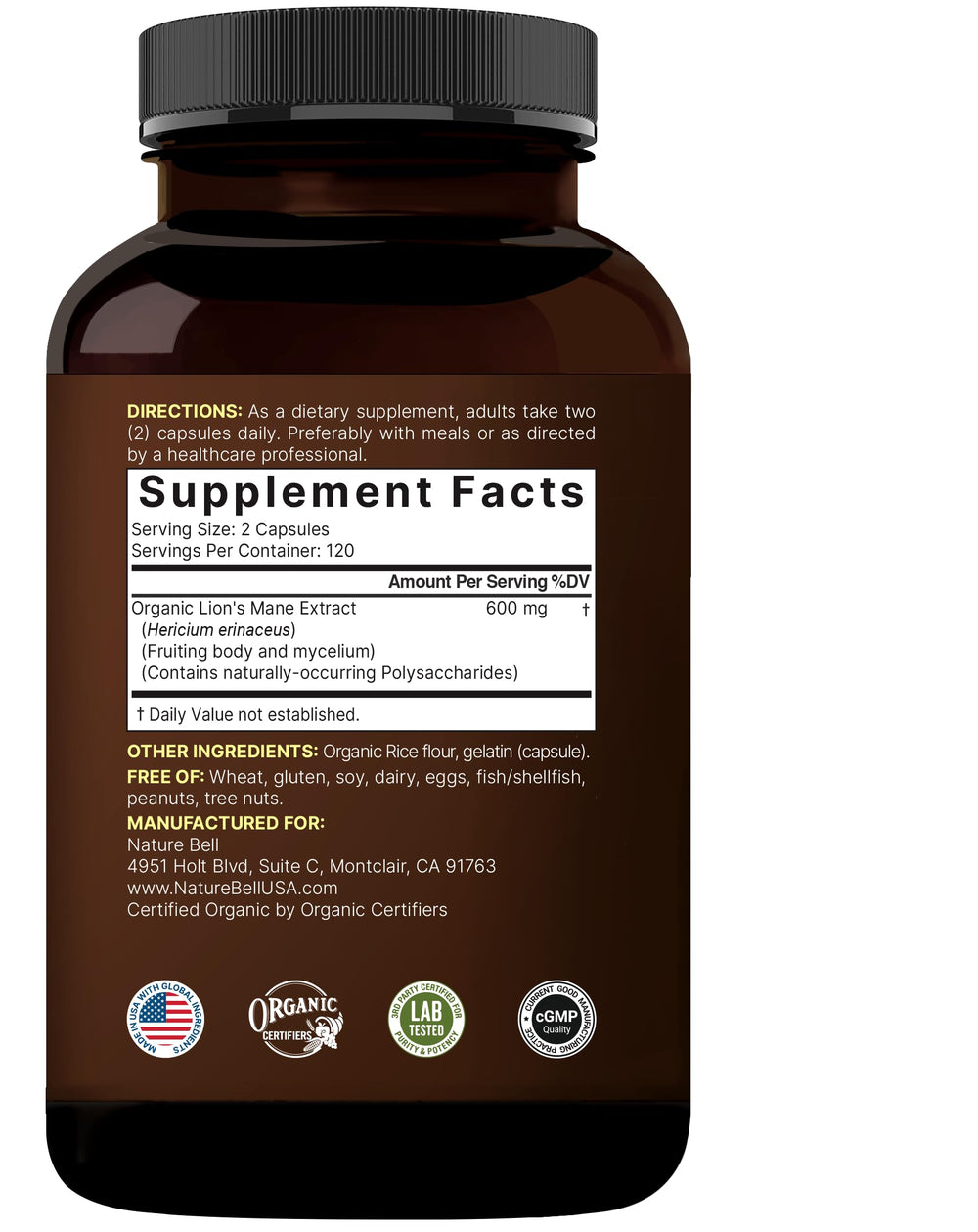 Third-party lab test certificate for NatureBell Lion's Mane