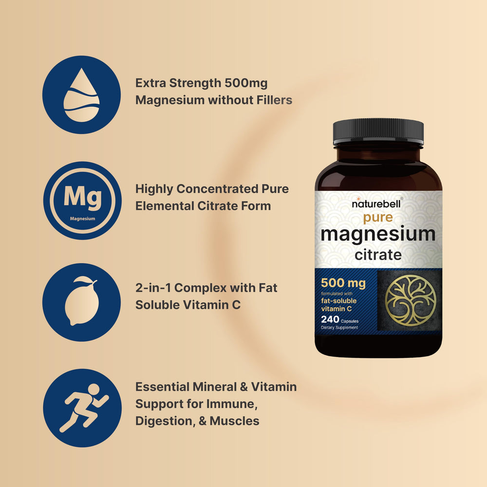 Back label of NatureBell magnesium citrate bottle showing supplement facts