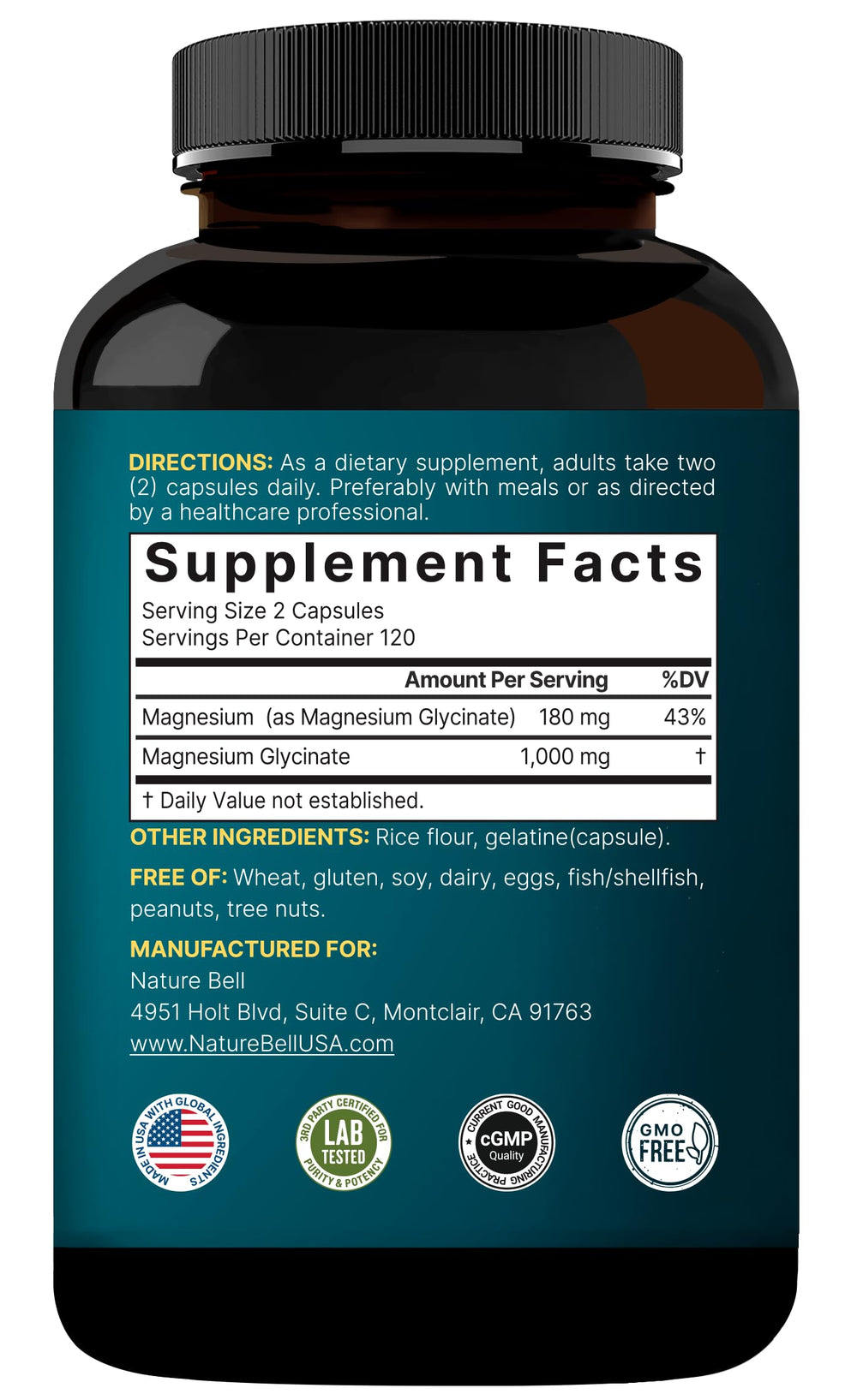 NatureBell Magnesium Glycinate 1000mg bottle on white background