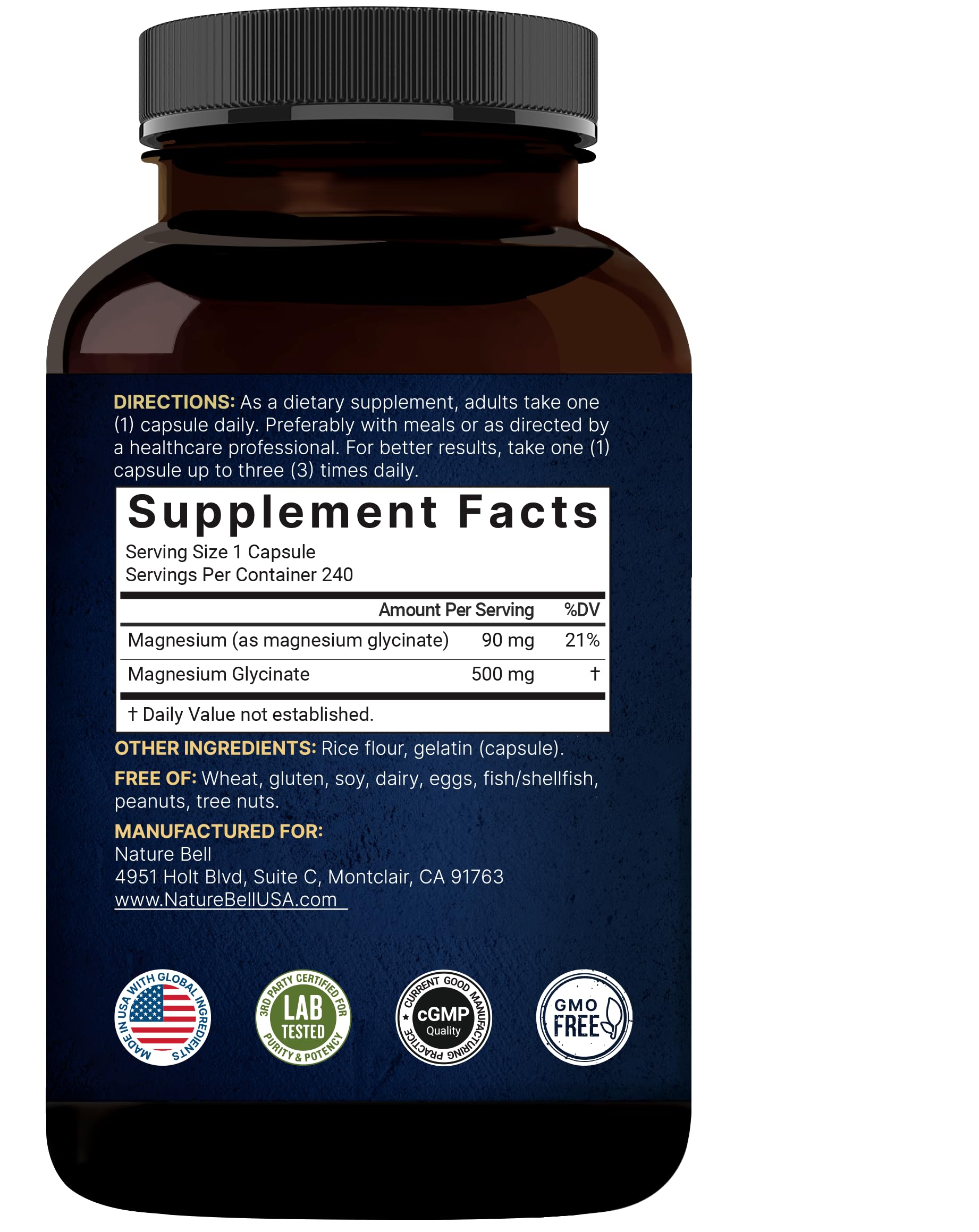 Bottle of NatureBell Magnesium Glycinate 500mg capsules - 240 count