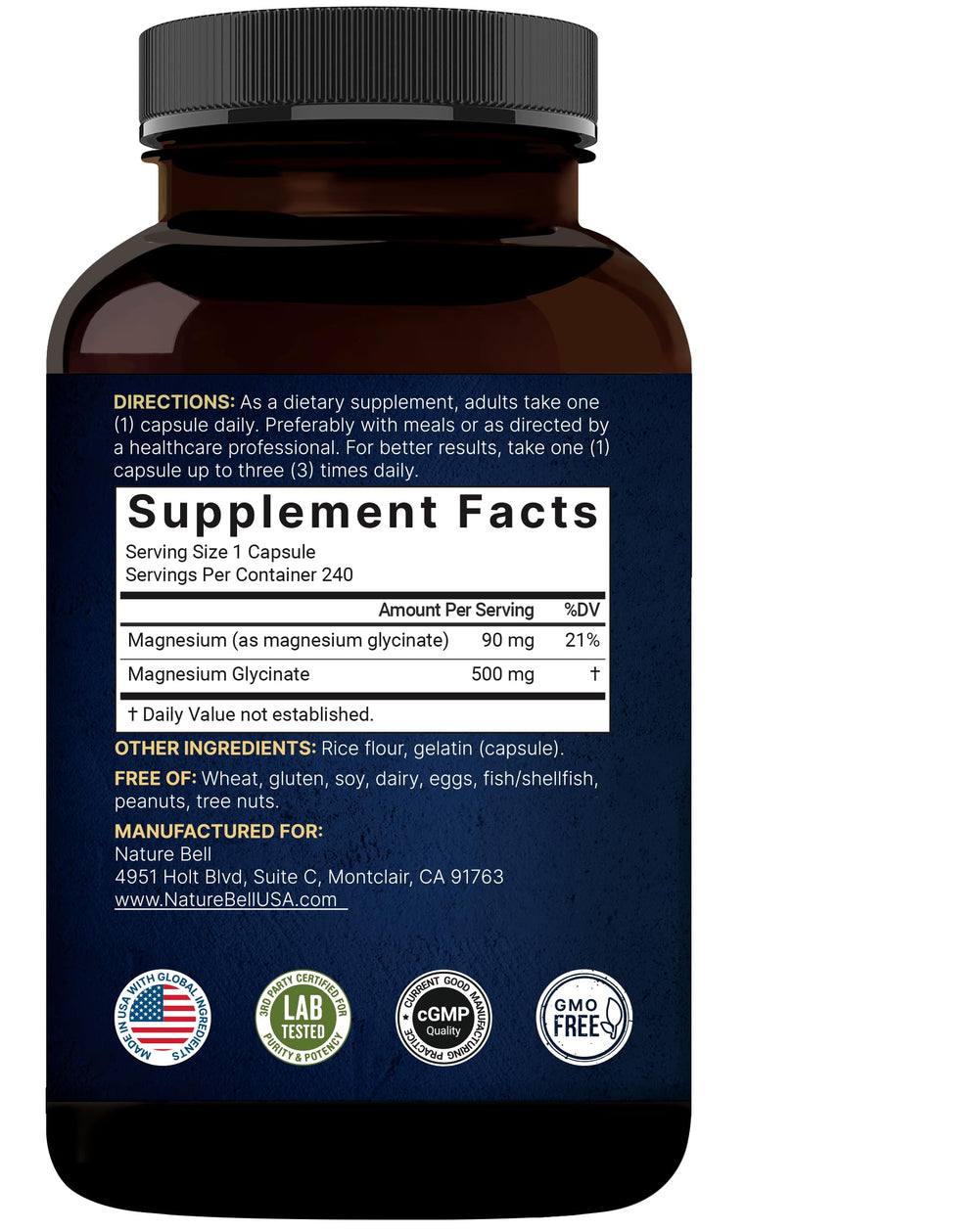 Bottle of NatureBell Magnesium Glycinate 500mg capsules - 240 count