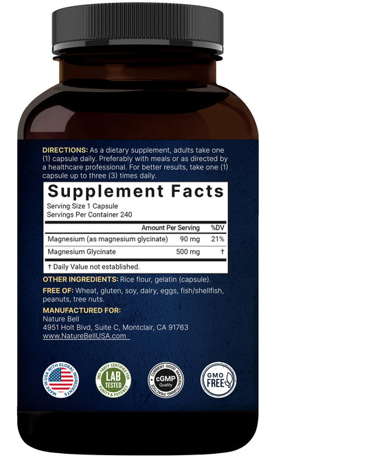 Bottle of NatureBell Magnesium Glycinate 500mg capsules - 240 count