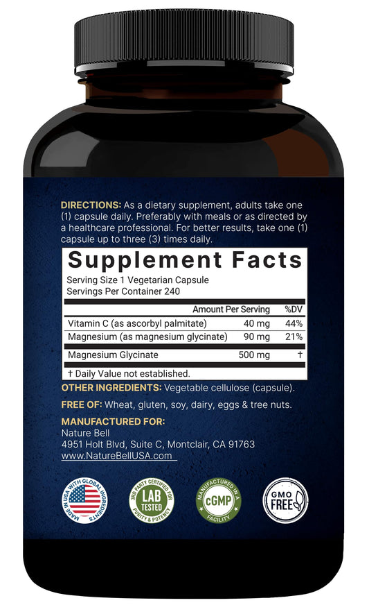 Close-up of NatureBell Magnesium Glycinate 500mg capsules