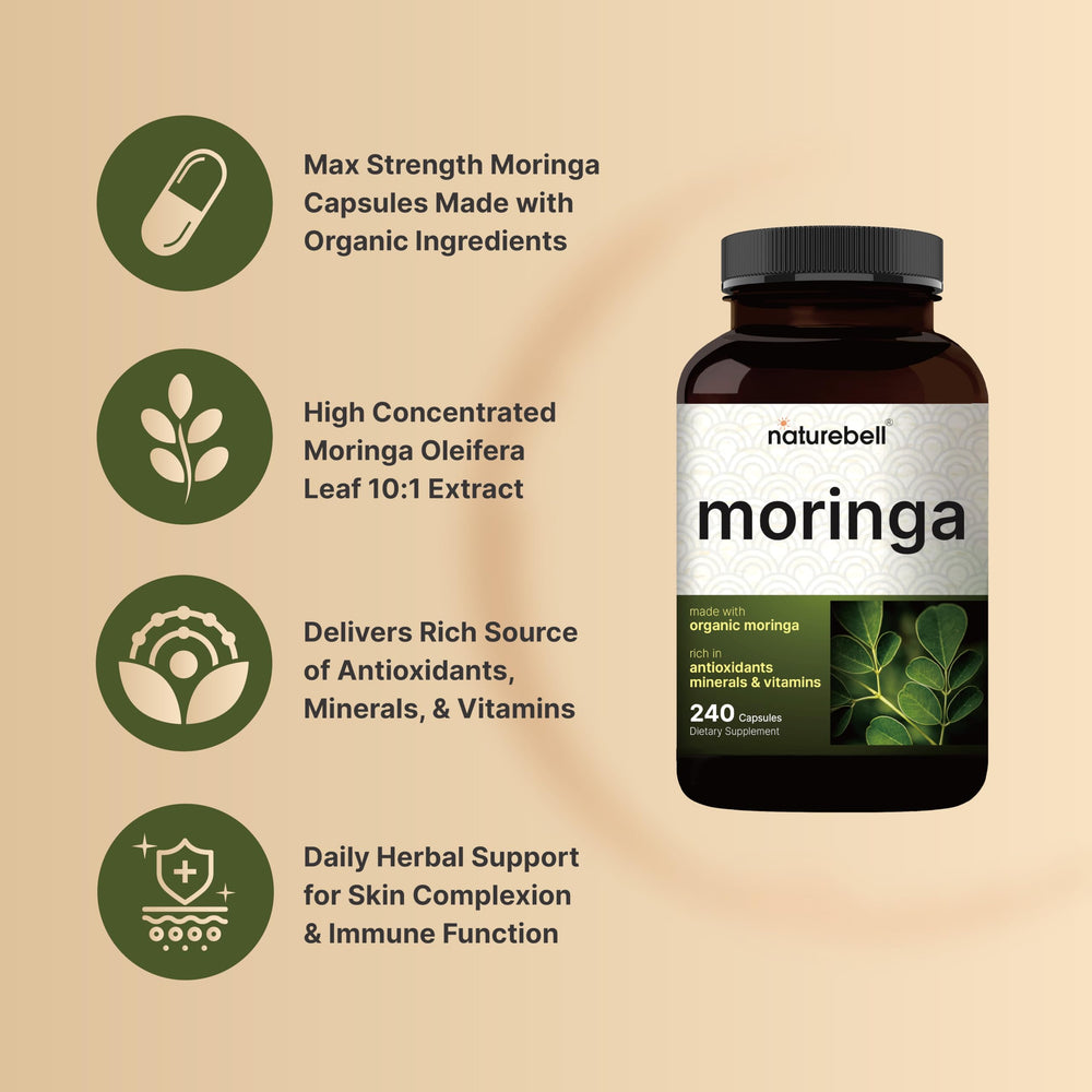 Serving size two capsules showing 800 mg moringa extract