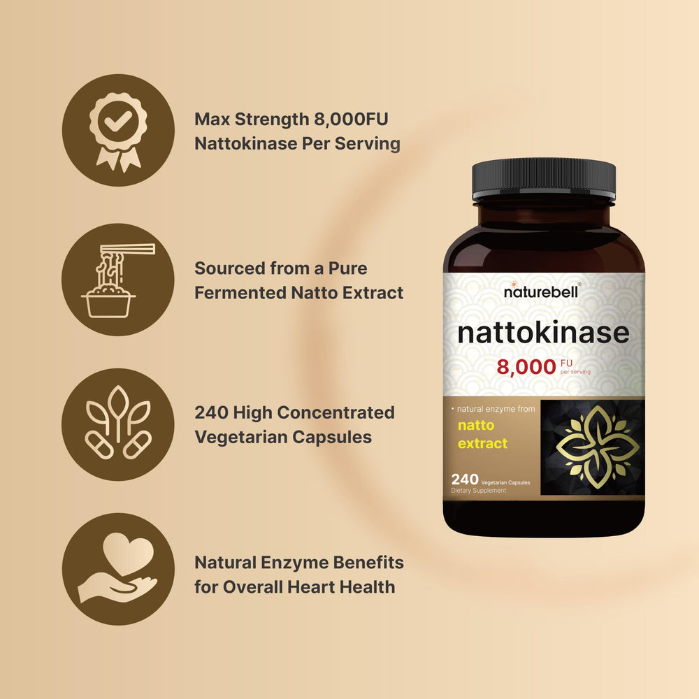 Label showing 8,000 FU per serving on NatureBell nattokinase bottle