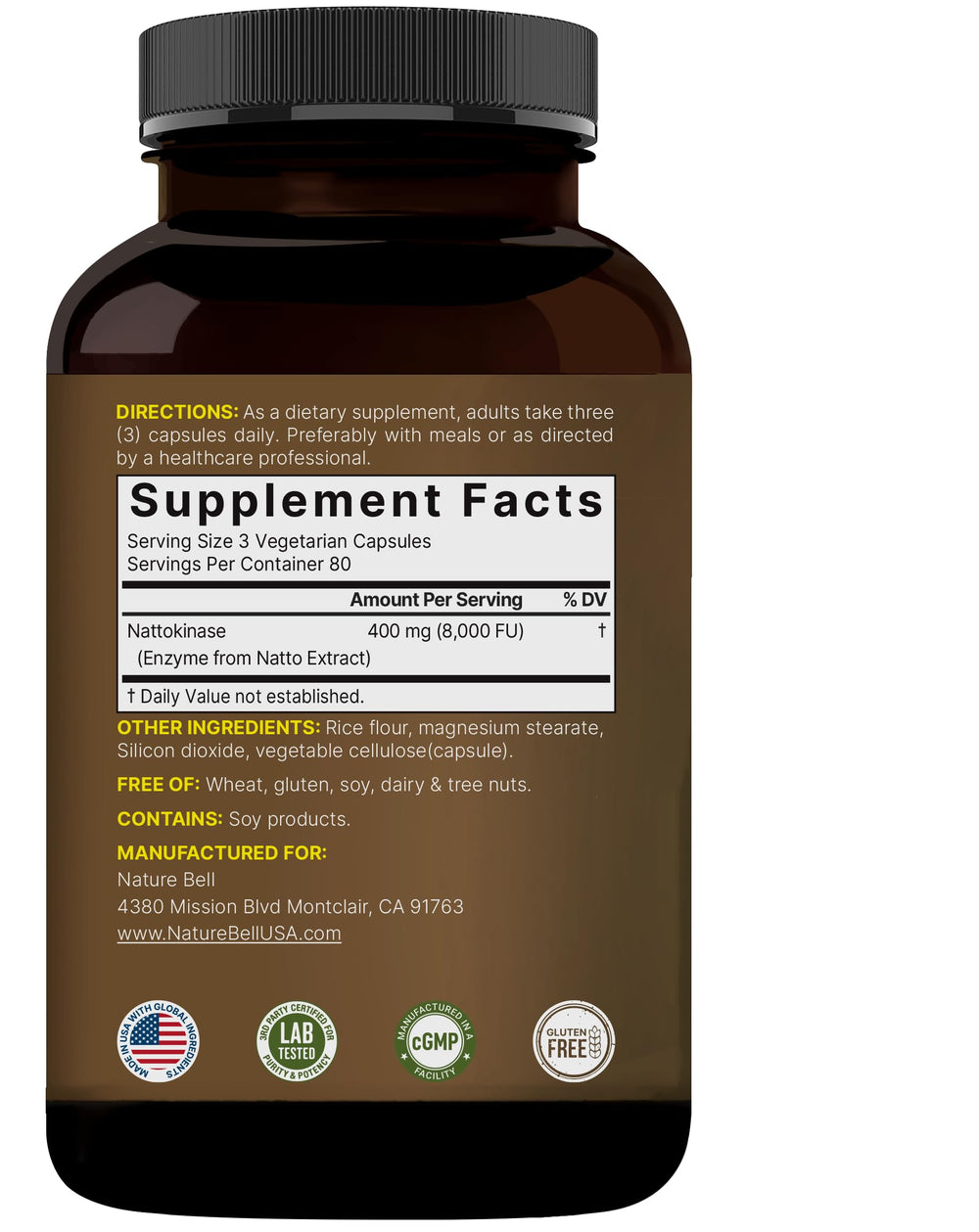 Non-GMO and third-party lab tested label of NatureBell nattokinase