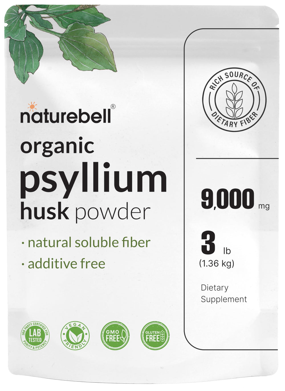 NatureBell Psyllium Husk Fiber Powder bottle - 9000mg per serving, 3lb (48oz), organic