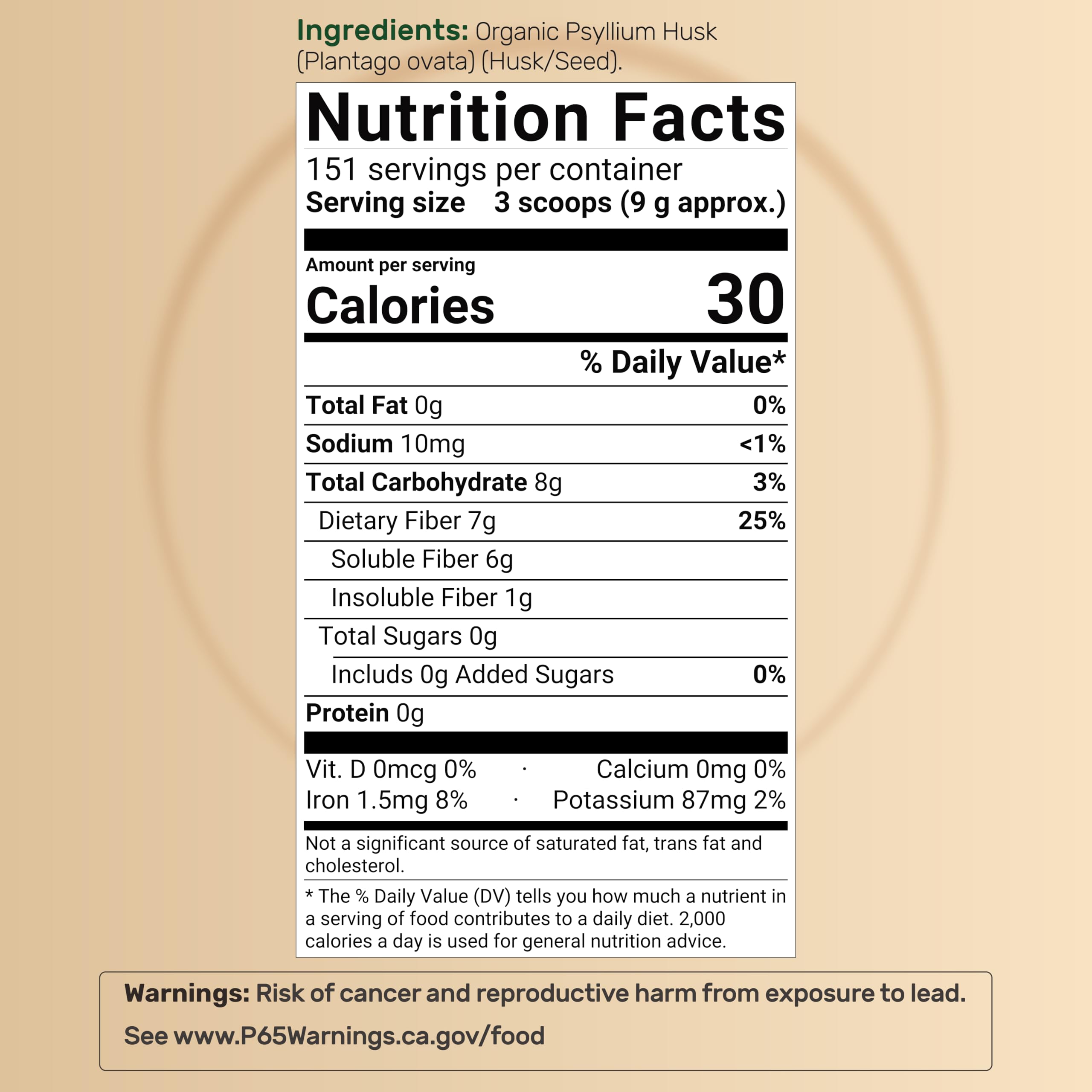 Organic psyllium husk fiber powder packaging indicating non-GMO and gluten-free