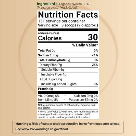 Organic psyllium husk fiber powder packaging indicating non-GMO and gluten-free