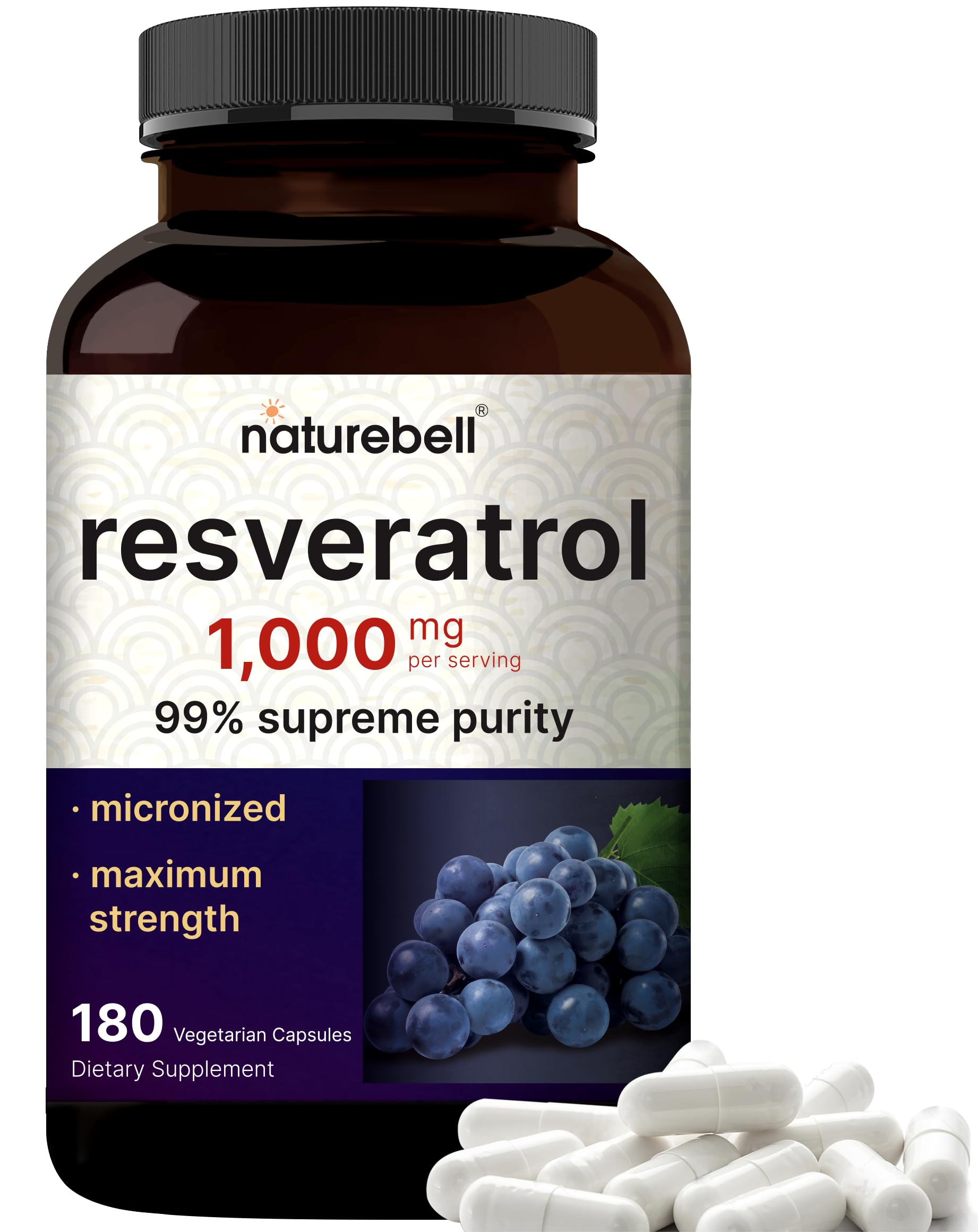 NatureBell Resveratrol bottle with 180 veggie capsules on white background