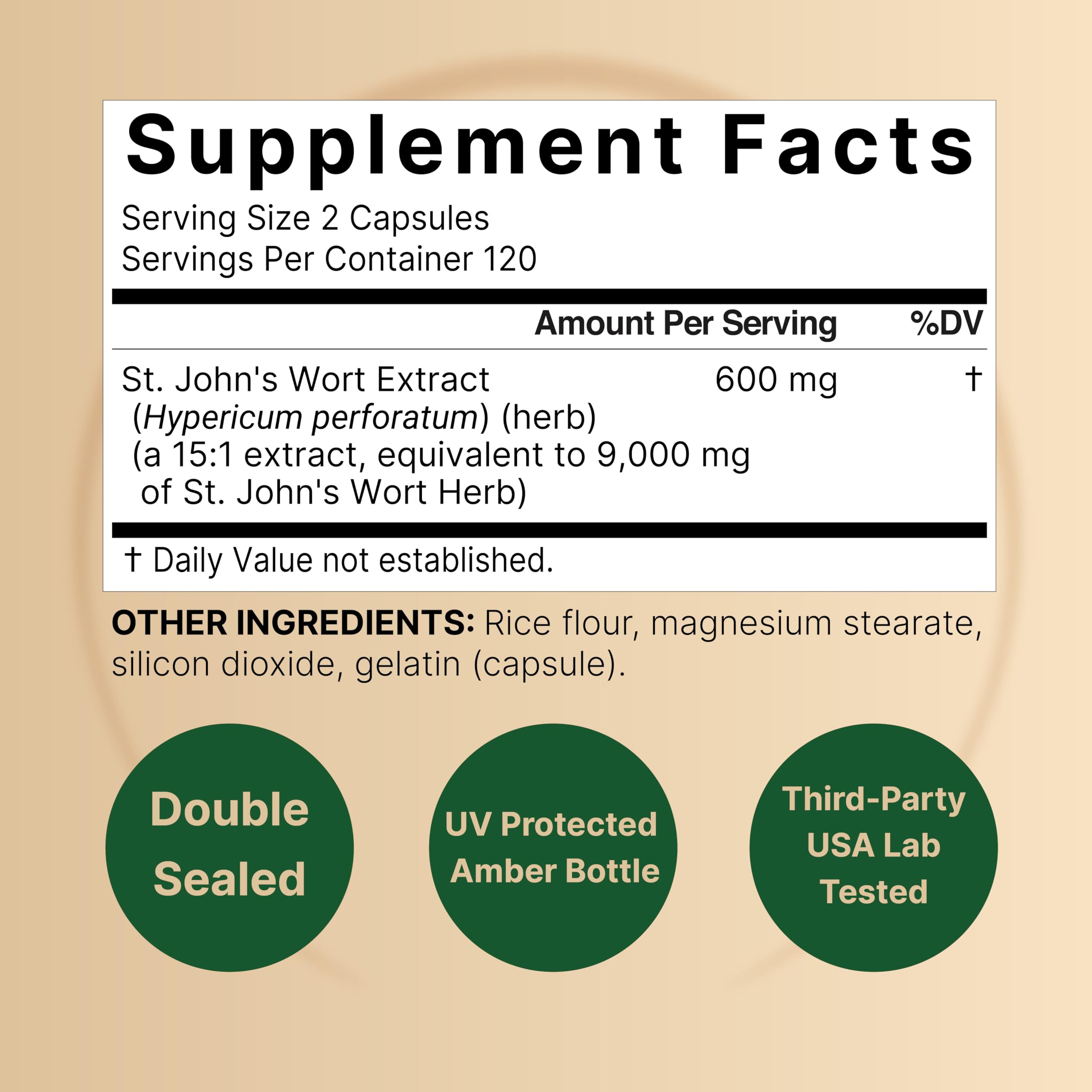 Close-up of St. John’s Wort capsules showing 9,000mg equivalent