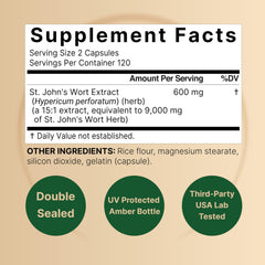 Close-up of St. John’s Wort capsules showing 9,000mg equivalent