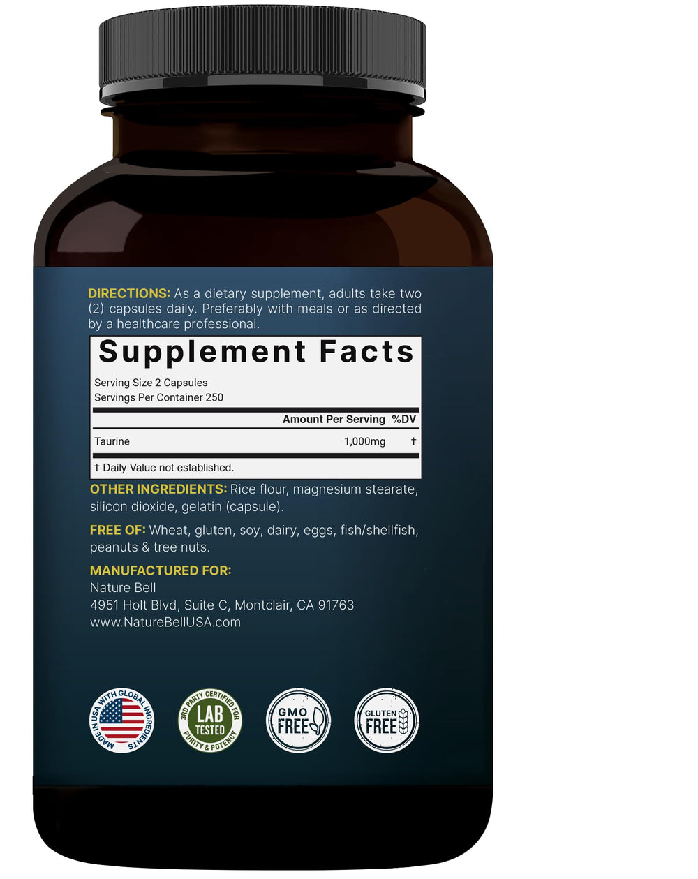 NatureBell Taurine 1,000mg bottle display with product label