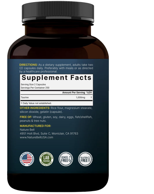 NatureBell Taurine 1,000mg bottle display with product label