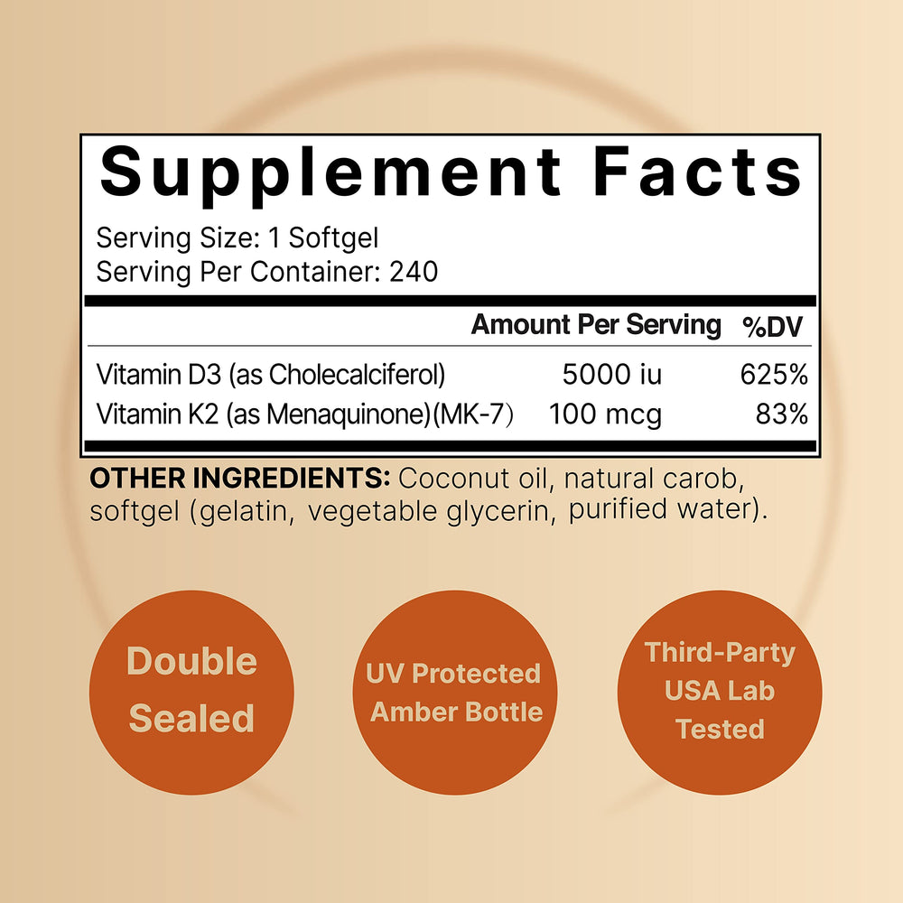 Back of NatureBell D3 K2 softgels bottle with supplement facts
