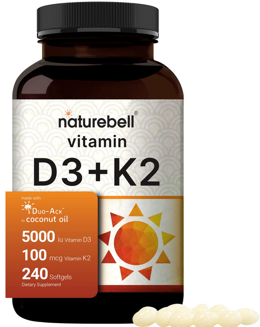 Front view of NatureBell Vitamin D3 5000 IU + K2 100 mcg softgels bottle