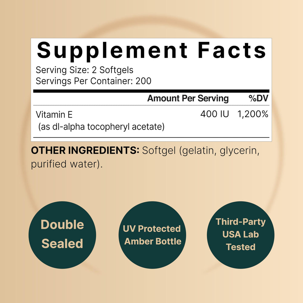 Close-up of NatureBell Vitamin E softgels and label