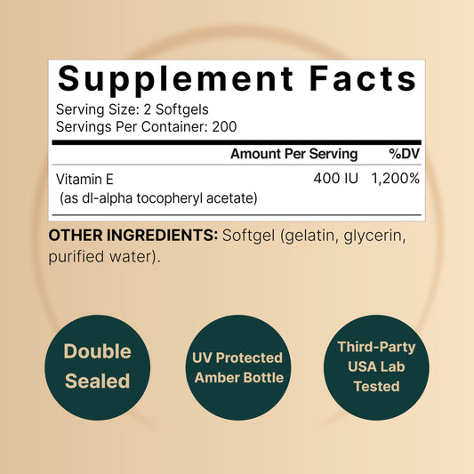 Close-up of NatureBell Vitamin E softgels and label