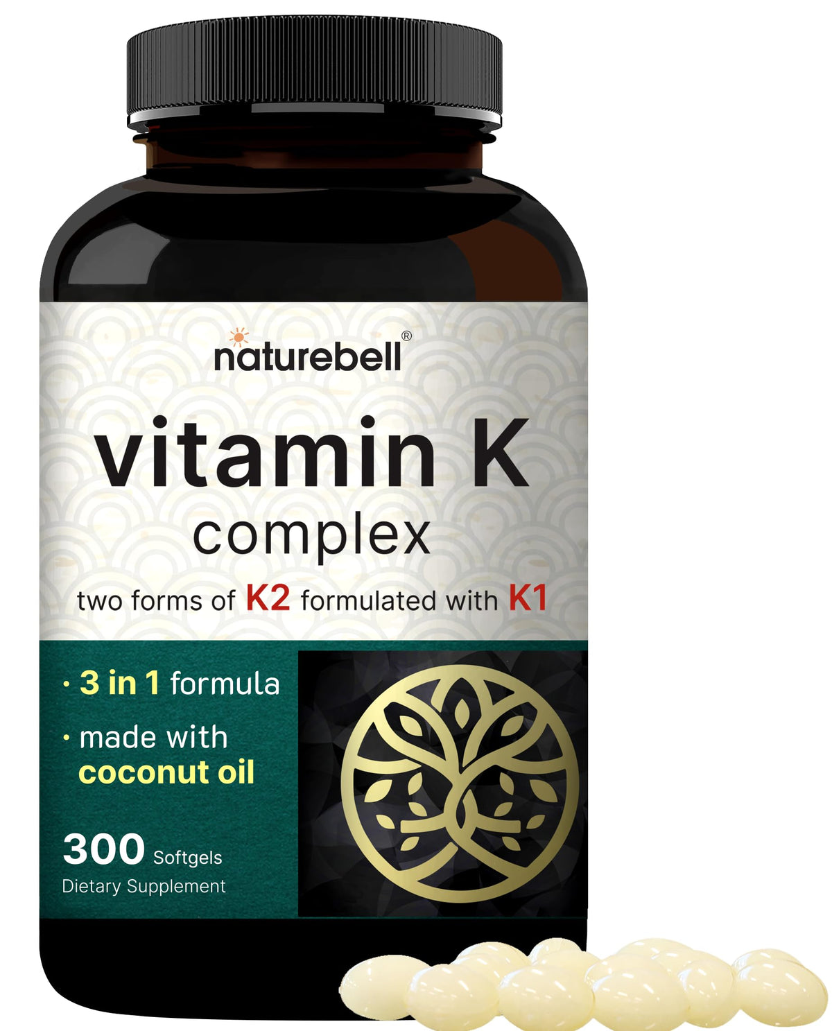 NatureBell Vitamin K Complex K1 K2 MK-7 MK-4 2600mcg per serving in 300 softgels