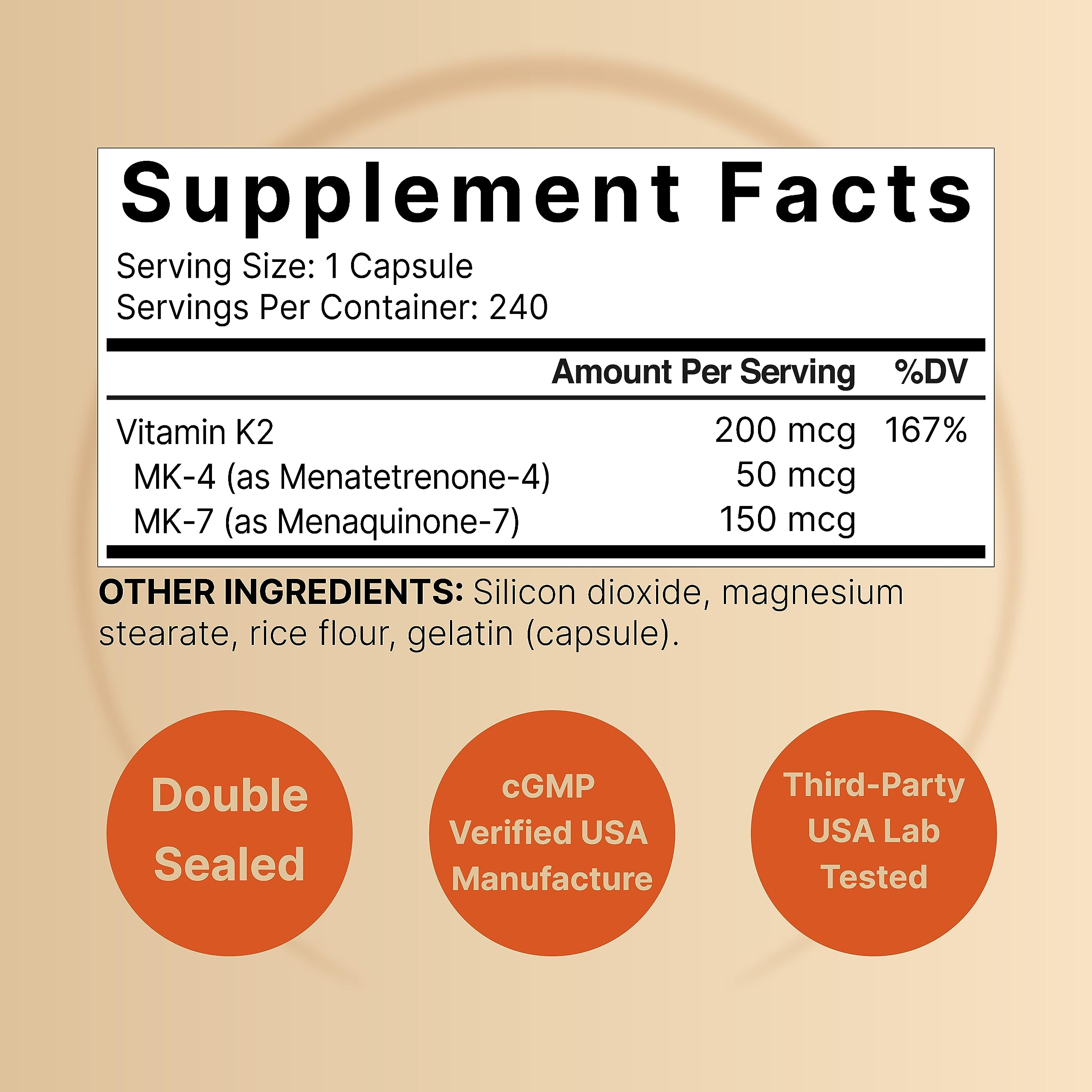 Serving breakdown: 50 mcg MK-4 and 150 mcg MK-7 per capsule