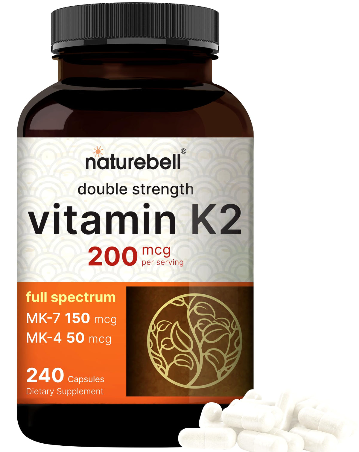 NatureBell Vitamin K2 MK-7 & MK-4 200 mcg, 240 capsules bottle – hero image