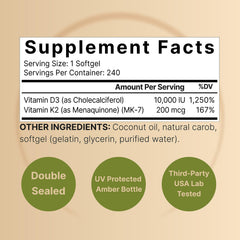 Close-up of NatureBell Vitamin D3 K2 softgels bottle showing 240 servings