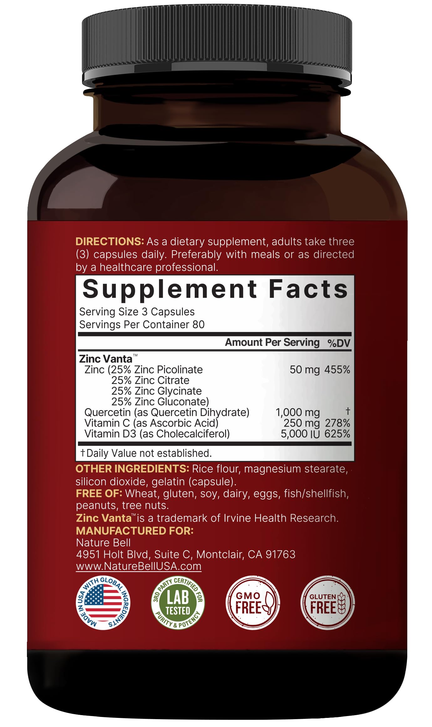 Packshot showing NatureBell Zinc Quercetin bottle with 240 capsules