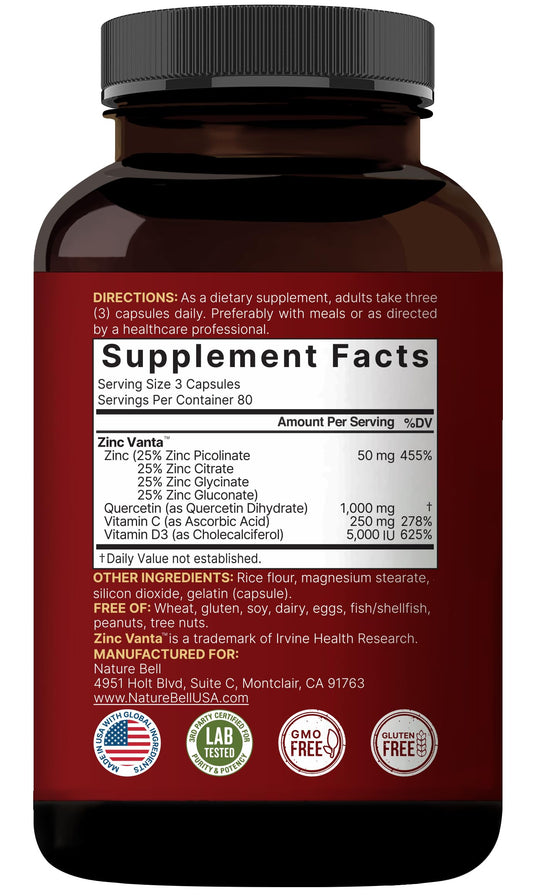 Packshot showing NatureBell Zinc Quercetin bottle with 240 capsules