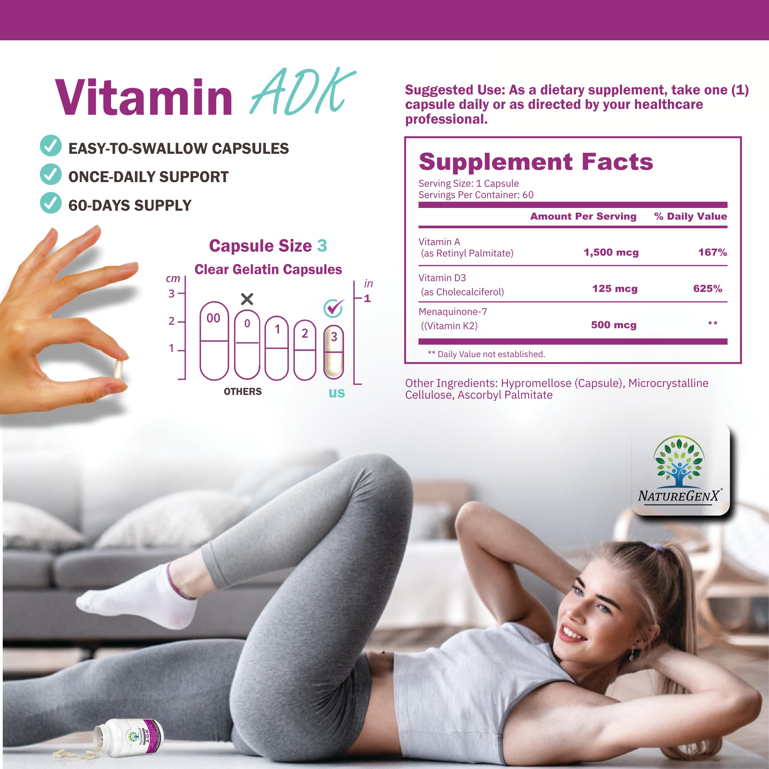 NatureGenX ADK capsules D3-focused blend supporting calcium absorption.