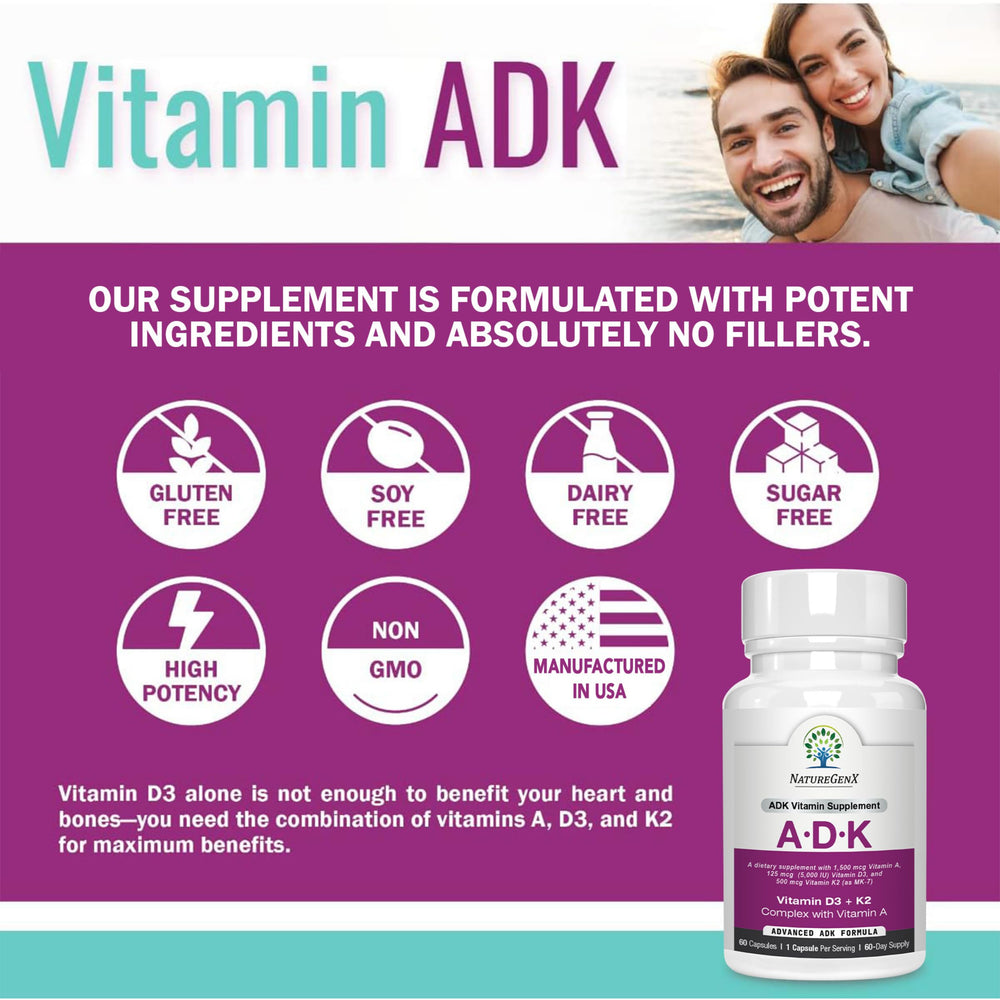 Two NatureGenX ADK Vitamin Supplement bottles packaging