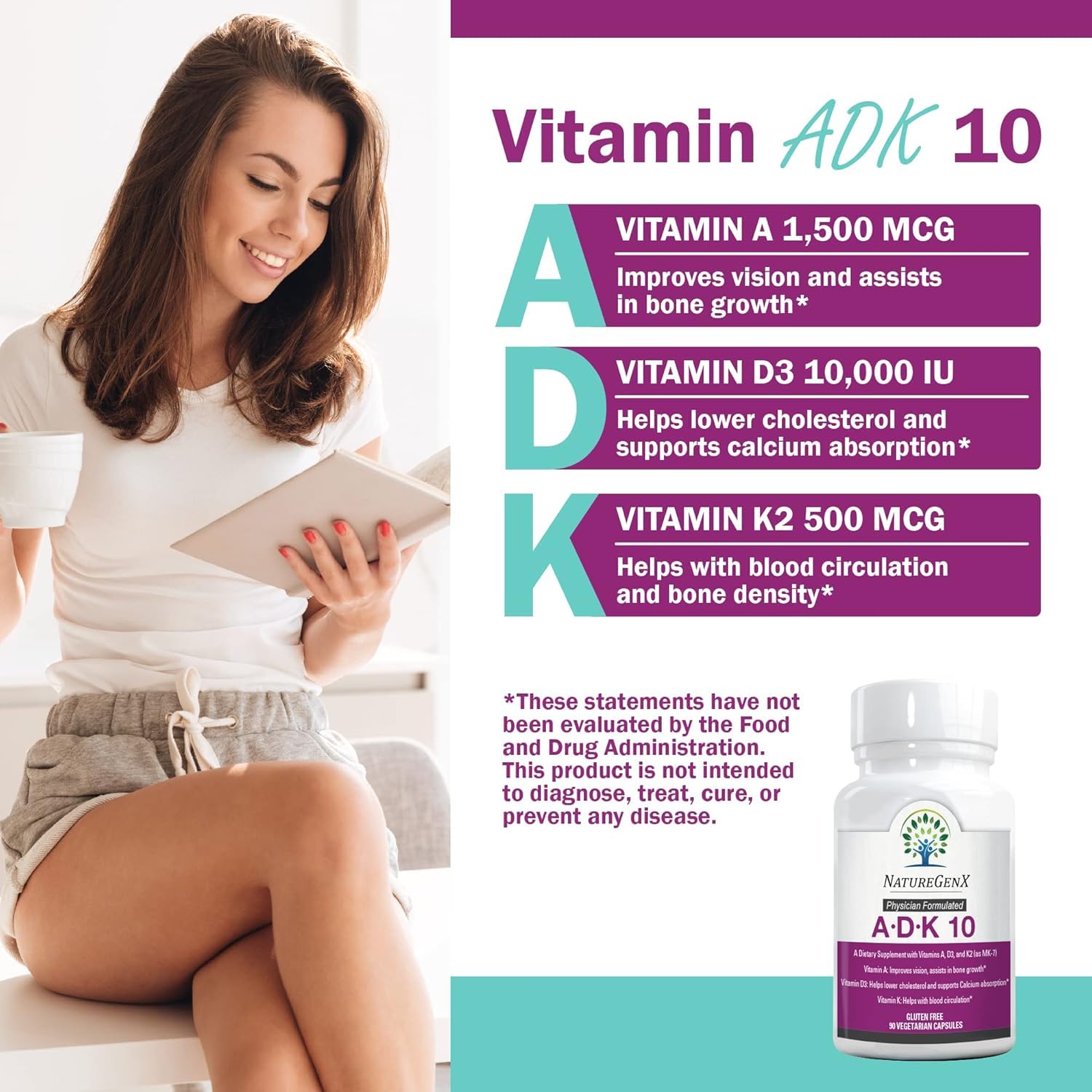 NatureGenX ADK10 capsules close-up, tiny plant-based capsules for smooth intake.