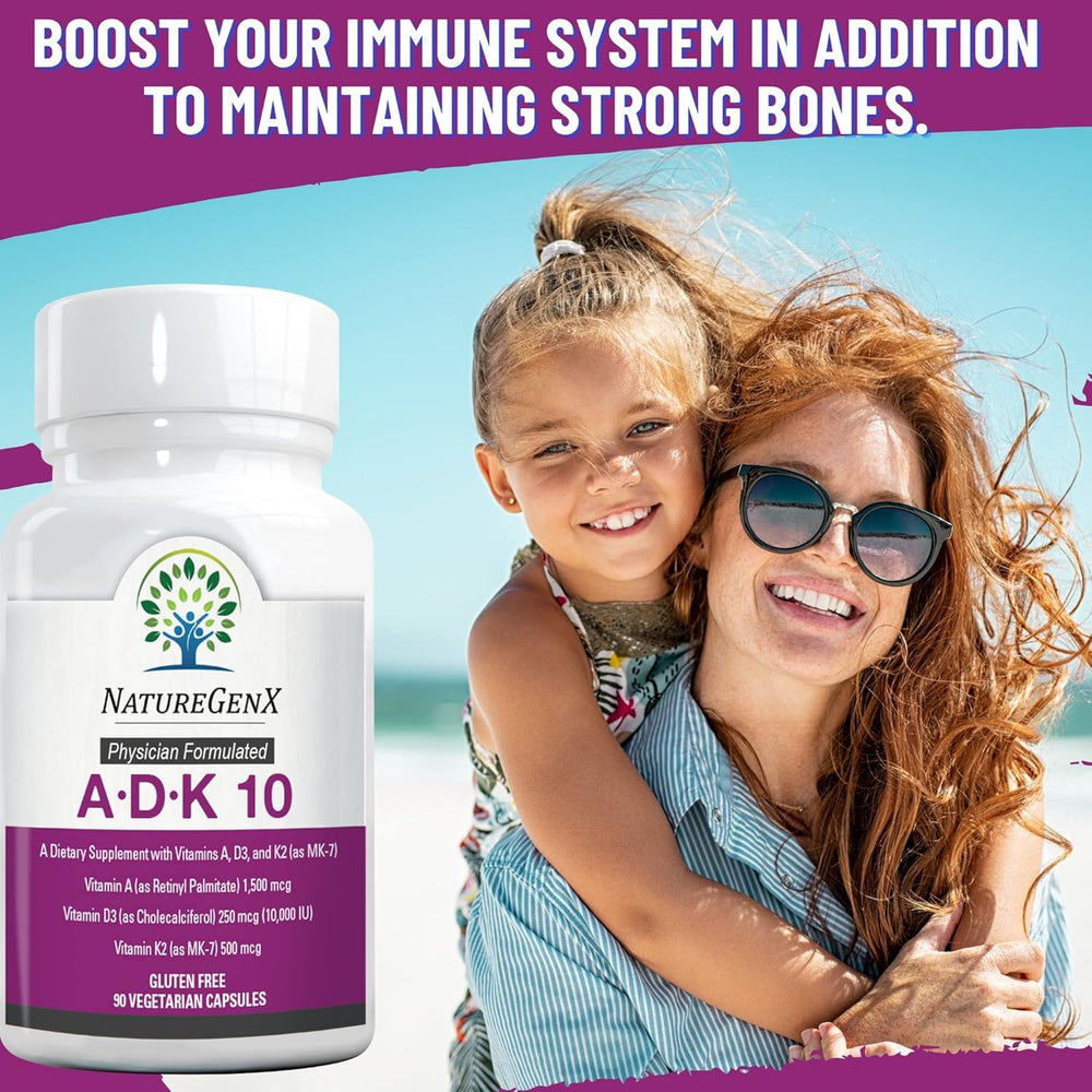 NatureGenX ADK10 capsules in glass, small plant-based formula for daily use.