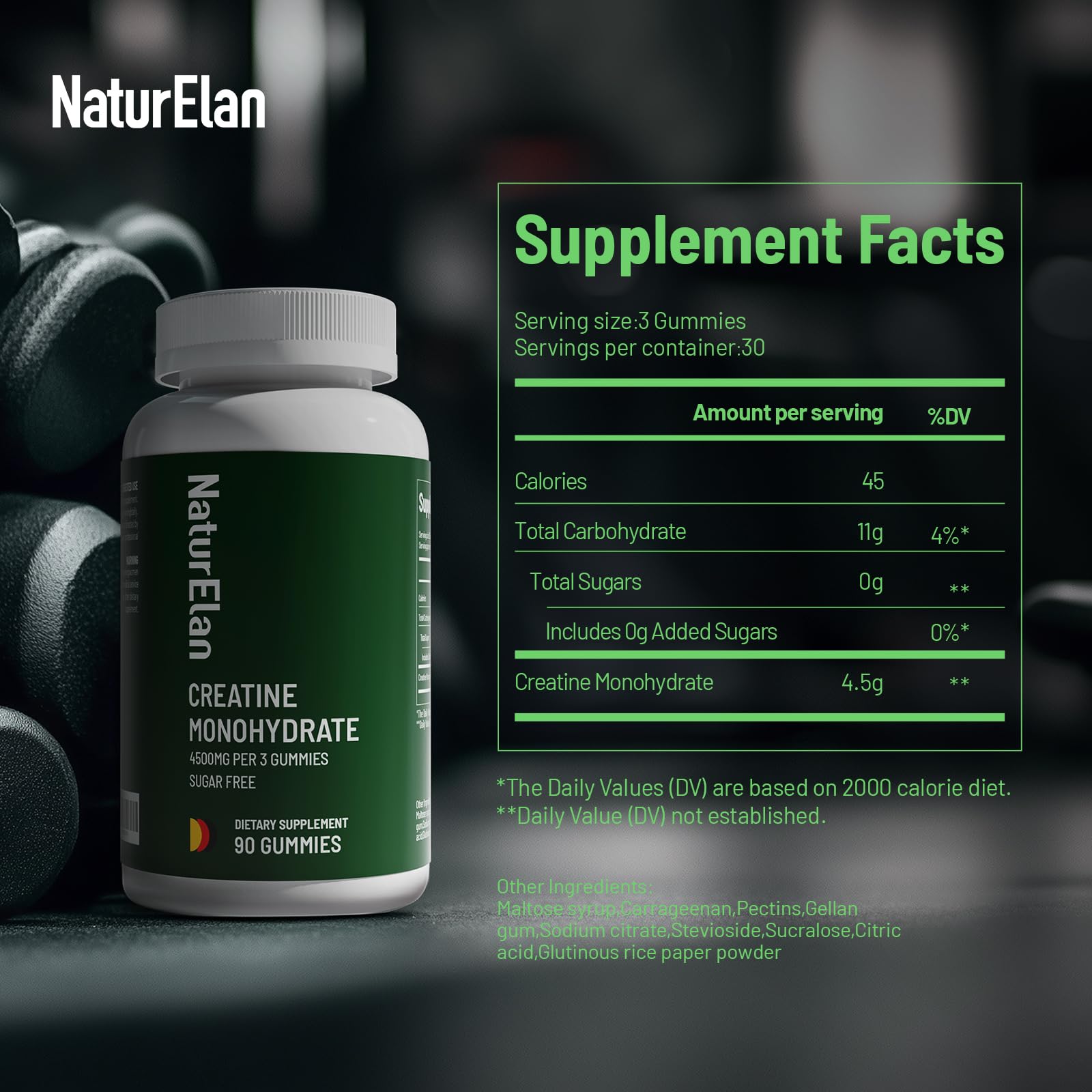 Packaging showing NaturElan Creatine Monohydrate Gummies label