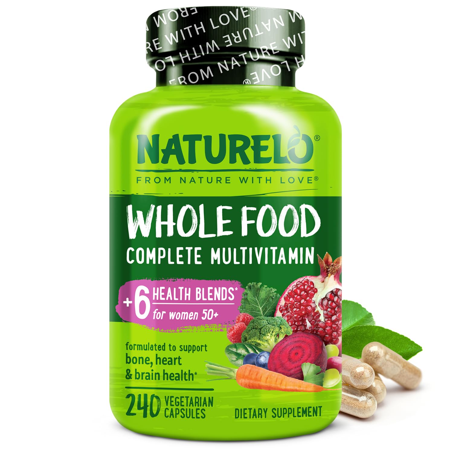 NATURELO bottle front view for women 50+ with iron-free label