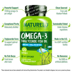 Close-up of burpless omega-3 softgels in bottle