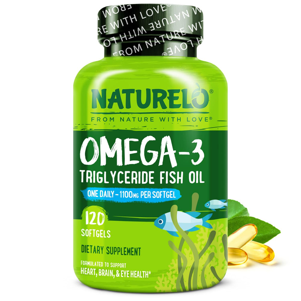 NATURELO Burpless Omega-3 fish oil softgels bottle shown from the front